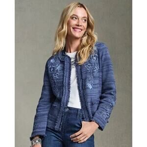 CHICO'S 3 Embroidered Denim Cardigan Sweater In Dark Harbor